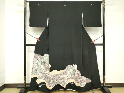 平和屋着物■豪華黒留袖 駒刺繍 御所車花文 正絹 逸品 DABE7704cd