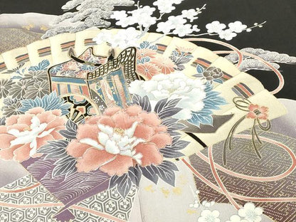 平和屋着物■豪華黒留袖 駒刺繍 扇面御所車花文 金彩 正絹 逸品 DABE7700cd