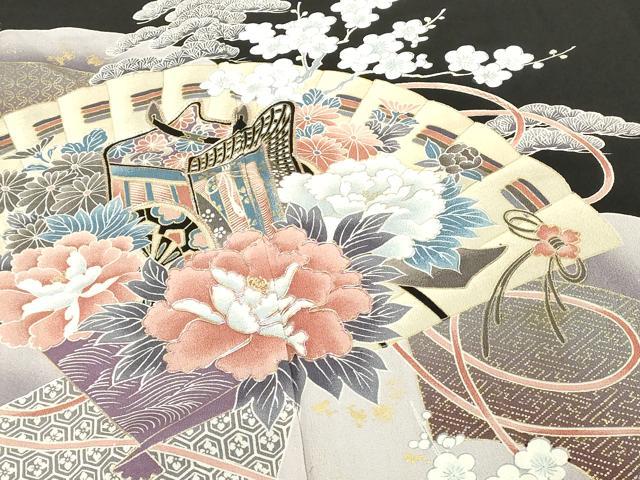 平和屋着物■豪華黒留袖 駒刺繍 扇面御所車花文 金彩 正絹 逸品 DABE7700cd