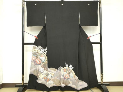 平和屋着物■豪華黒留袖 駒刺繍 扇面御所車花文 金彩 正絹 逸品 DABE7700cd