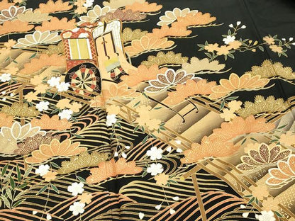平和屋着物■豪華黒留袖 駒刺繍 御所車花文 金彩 正絹 逸品 DABE7703cd