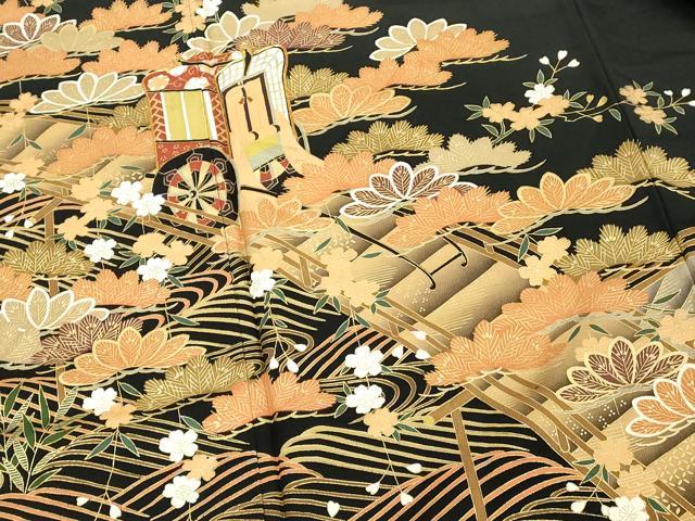平和屋着物■豪華黒留袖 駒刺繍 御所車花文 金彩 正絹 逸品 DABE7703cd