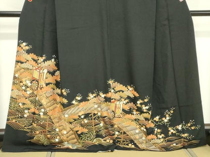平和屋着物■豪華黒留袖 駒刺繍 御所車花文 金彩 正絹 逸品 DABE7703cd