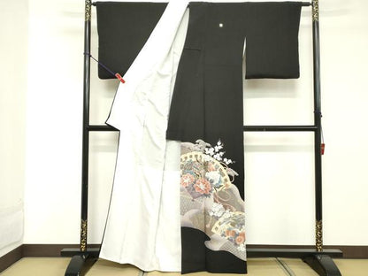 平和屋着物■豪華黒留袖 駒刺繍 扇面御所車花文 金彩 正絹 逸品 DABE7700cd