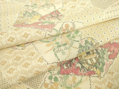 平和屋着物▽本塩沢　単衣　切嵌め地花文様　正絹　逸品　DABE4378az