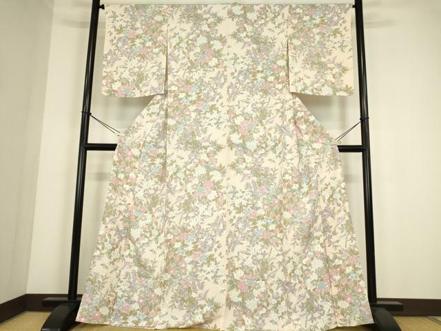 平和屋着物▽上質な小紋　単衣　飛鳥花文　正絹　逸品　DABE4376az