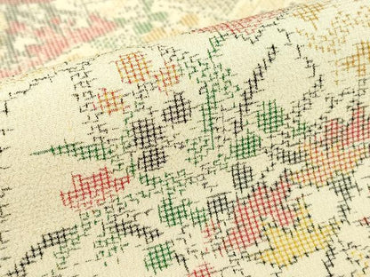 平和屋着物▽本塩沢　単衣　切嵌め地花文様　正絹　逸品　DABE4378az