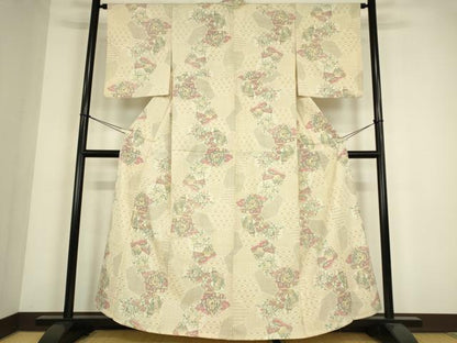 平和屋着物▽本塩沢　単衣　切嵌め地花文様　正絹　逸品　DABE4378az