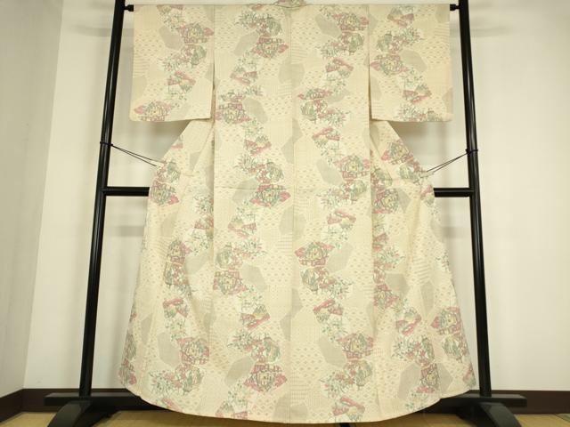 平和屋着物▽本塩沢　単衣　切嵌め地花文様　正絹　逸品　DABE4378az