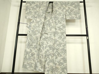 平和屋着物▽上質な紬　単衣　草葉文　正絹　逸品　DABE4379az