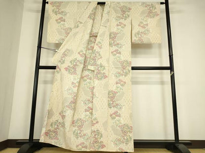 平和屋着物▽本塩沢　単衣　切嵌め地花文様　正絹　逸品　DABE4378az