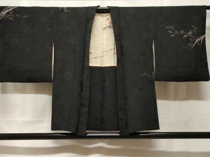 平和屋着物＃羽織　休み鳥枝葉文　暈し染め　黒地　金彩　正絹　逸品　CABF3965ev