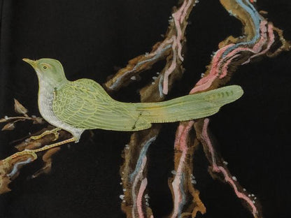 平和屋着物＃羽織　休み鳥枝葉文　暈し染め　黒地　金彩　正絹　逸品　CABF3965ev