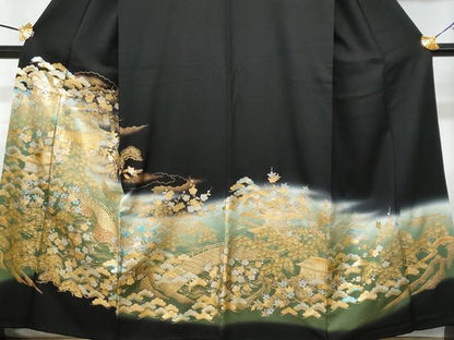 平和屋着物■豪華黒留袖 風景花文 暈し染め 金銀彩 正絹 逸品 CABF6875fb