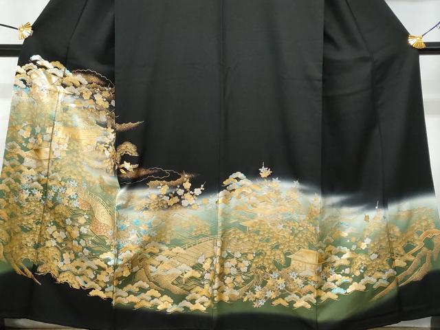 平和屋着物■豪華黒留袖 風景花文 暈し染め 金銀彩 正絹 逸品 CABF6875fb