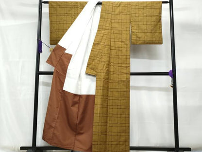 平和屋着物■上質な紬　格子花文　正絹　逸品　CABF6867fb