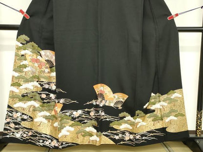 平和屋着物■豪華黒留袖 駒刺繍 扇面花文 金彩 正絹 逸品 DABE7732cd