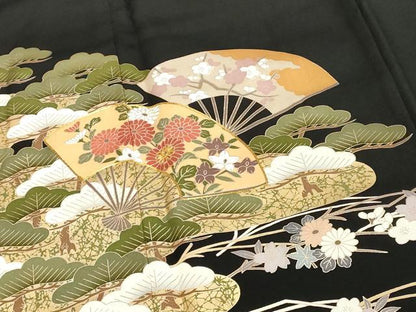 平和屋着物■豪華黒留袖 駒刺繍 扇面花文 金彩 正絹 逸品 DABE7732cd