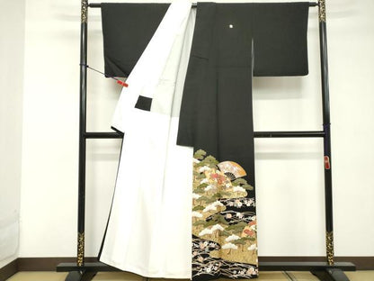 平和屋着物■豪華黒留袖 駒刺繍 扇面花文 金彩 正絹 逸品 DABE7732cd
