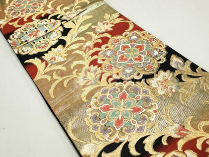 平和屋着物◎六通柄袋帯　唐織　唐花　正倉院花文　更紗　黒地　金糸　正絹　逸品　DABE8719qa
