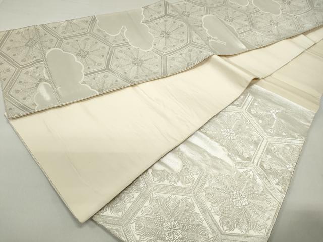 平和屋着物◎六通柄袋帯　亀甲　孔雀羽根花文　銀糸　正絹　逸品　DABE8750qa