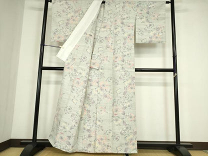 平和屋着物▽小千谷紬　単衣　花尽くし　正絹　逸品　DABE4417az
