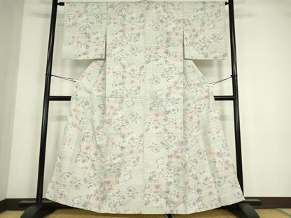 平和屋着物▽小千谷紬　単衣　花尽くし　正絹　逸品　DABE4417az