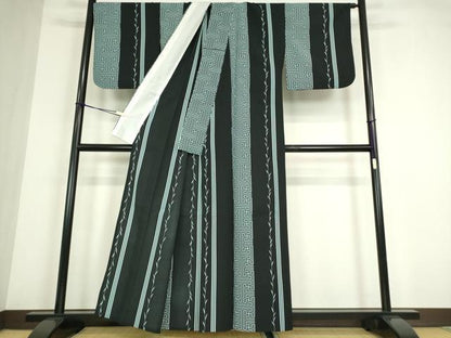 平和屋着物▽小紋　単衣　紗綾型間道　黒地　洗える着物　DABE4424az
