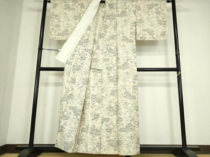 平和屋着物▽上質な紬　単衣　風景花文　正絹　逸品　DABE4441az