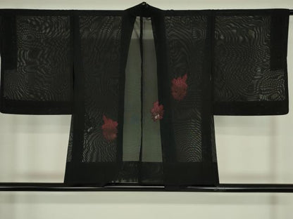 平和屋着物▽羽織　スリーシーズン　春夏秋　塵除け　紗　総刺繍　草花文　黒地　正絹　逸品　DABE4437az