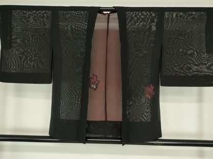 平和屋着物▽羽織　スリーシーズン　春夏秋　塵除け　紗　総刺繍　草花文　黒地　正絹　逸品　DABE4437az