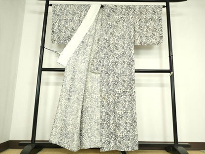 平和屋着物▽上質な小紋　単衣　紬地　型染め　草花文　正絹　逸品　DABE4465az
