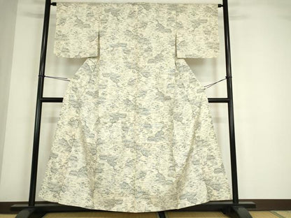 平和屋着物▽上質な紬　単衣　風景花文　正絹　逸品　DABE4441az