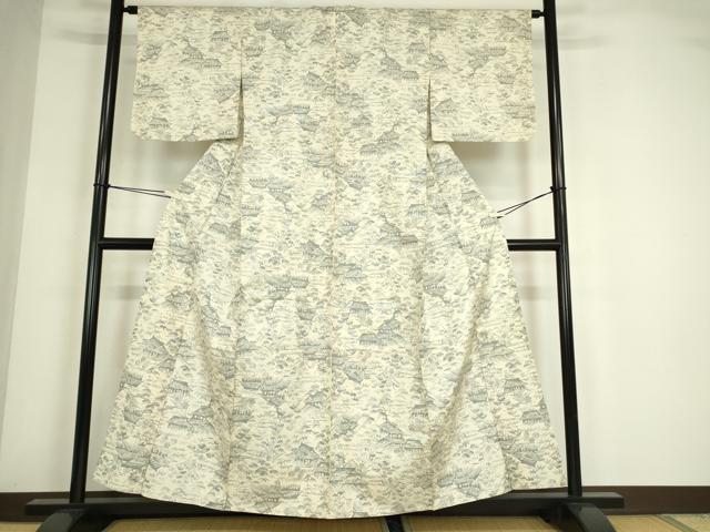 平和屋着物▽上質な紬　単衣　風景花文　正絹　逸品　DABE4441az