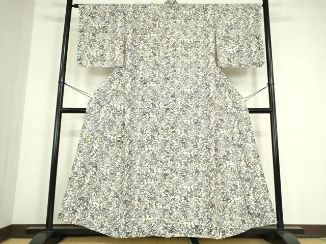 平和屋着物▽上質な小紋　単衣　紬地　型染め　草花文　正絹　逸品　DABE4465az