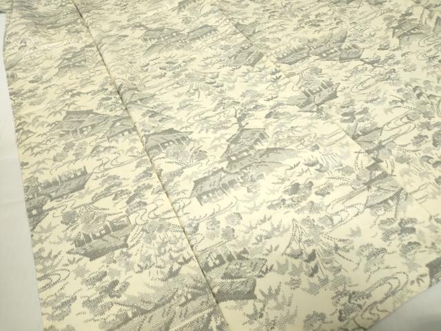 平和屋着物▽上質な紬　単衣　風景花文　正絹　逸品　DABE4441az