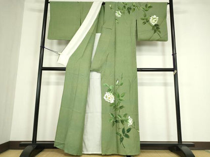 平和屋着物▽訪問着　単衣　作家物　草花文　手描き　正絹　逸品　DABE4467az