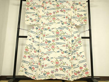 平和屋着物▽上質な小紋　単衣　型染め　エ霞花文　正絹　逸品　DABE4498az