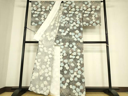 平和屋着物▽上質な小紋　単衣　枝葉文　たたき染め　黒地　正絹　逸品　DABE4496az