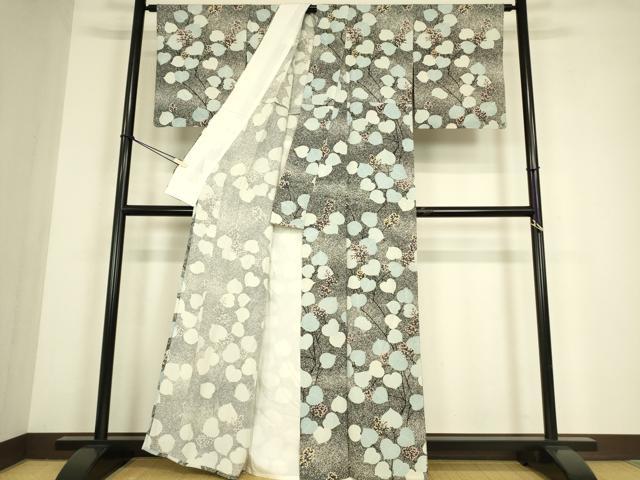 平和屋着物▽上質な小紋　単衣　枝葉文　たたき染め　黒地　正絹　逸品　DABE4496az