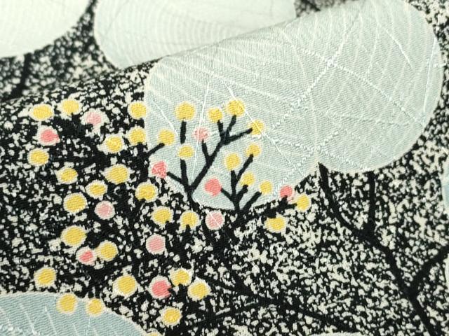 平和屋着物▽上質な小紋　単衣　枝葉文　たたき染め　黒地　正絹　逸品　DABE4496az