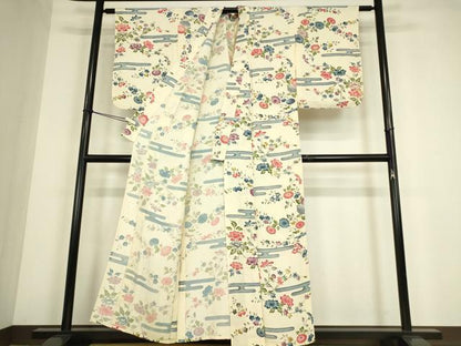 平和屋着物▽上質な小紋　単衣　型染め　エ霞花文　正絹　逸品　DABE4498az