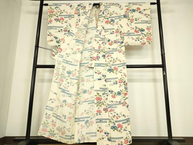 平和屋着物▽上質な小紋　単衣　型染め　エ霞花文　正絹　逸品　DABE4498az