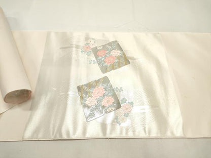 平和屋着物▼西陣 名古屋帯 帯反物 唐織 色紙枝花文 プラチナ箔 証紙付き 逸品 未使用 DABE6724zy