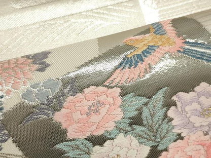 平和屋着物▼西陣 名古屋帯 帯反物 唐織 色紙枝花文 プラチナ箔 証紙付き 逸品 未使用 DABE6724zy