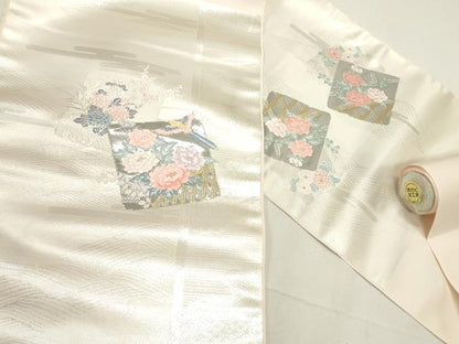 平和屋着物▼西陣 名古屋帯 帯反物 唐織 色紙枝花文 プラチナ箔 証紙付き 逸品 未使用 DABE6724zy