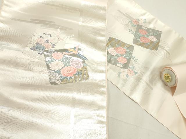平和屋着物▼西陣 名古屋帯 帯反物 唐織 色紙枝花文 プラチナ箔 証紙付き 逸品 未使用 DABE6724zy
