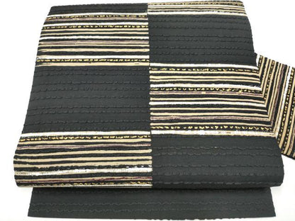平和屋着物●九寸名古屋帯　横段文　黒地　金彩　正絹　逸品　CABF8640hy