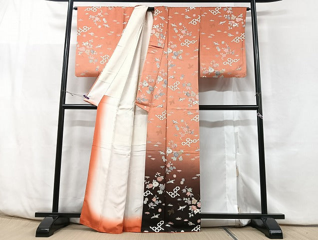 平和屋着物▽訪問着　単衣　駒刺繍　流水花鳥文　金彩　正絹　逸品　AABG7723jh 平和屋着物□訪問着 駒刺繍 流水鴛鴦枝花文 暈し染め 金彩 正絹 逸品