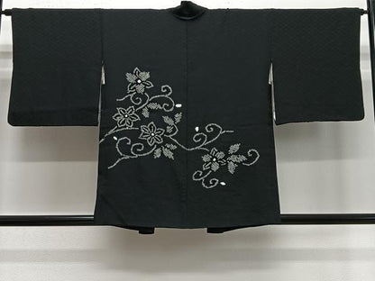 平和屋着物＃羽織　絞り　花唐草文　黒地　正絹　逸品　CABE5141ua
